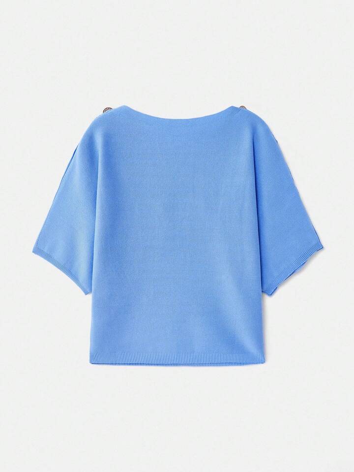 CM-TS545315 Women Casual Seoul Style Short Sleeve Knit Kimono-Style Loose Fit Top With Gold Button Shoulder Detail