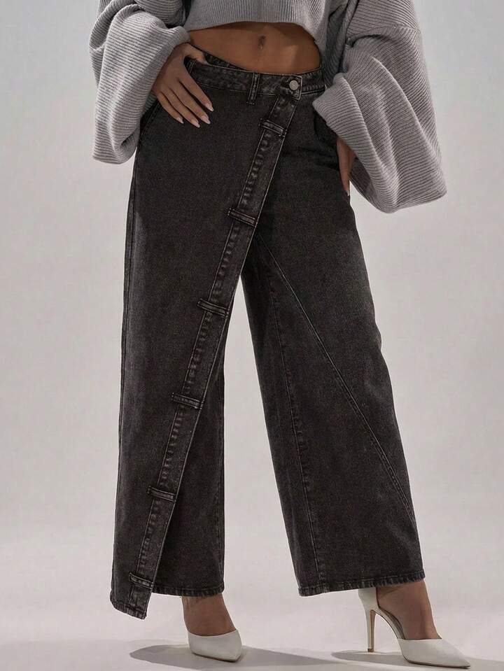 CM-BS191332 Women Casual Seoul Style Mid Waist 2 In 1 Loose Straight Leg Jeans - Dark Gray