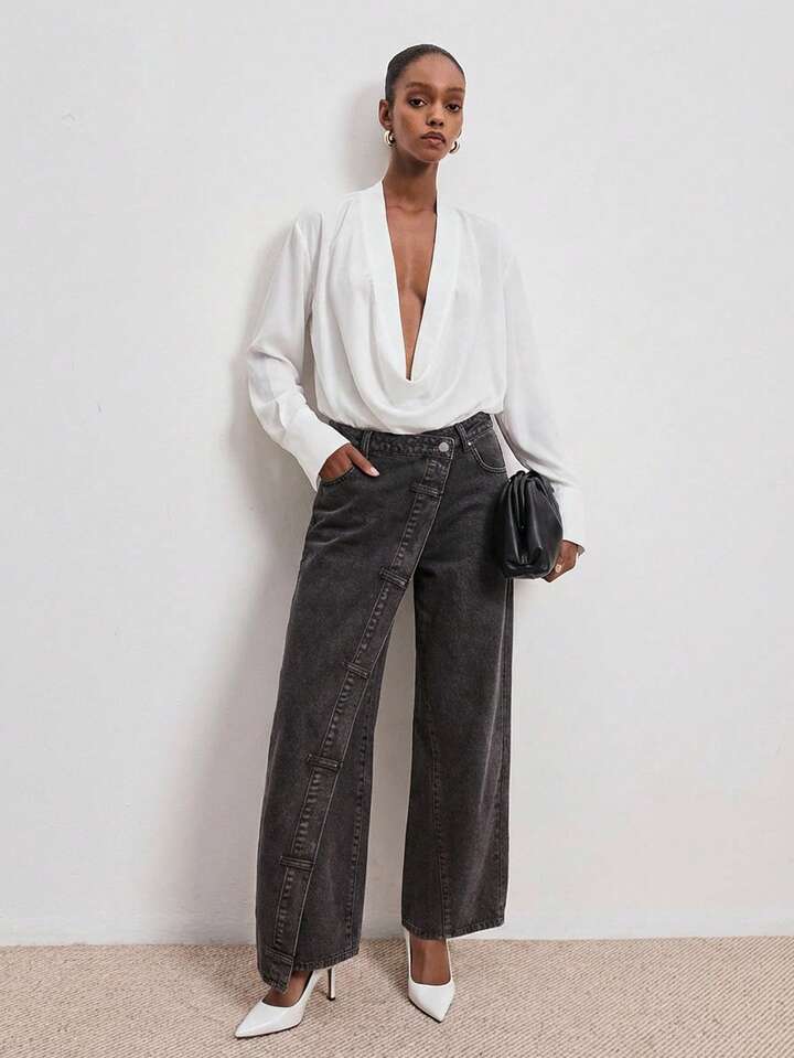 CM-BS191332 Women Casual Seoul Style Mid Waist 2 In 1 Loose Straight Leg Jeans - Dark Gray