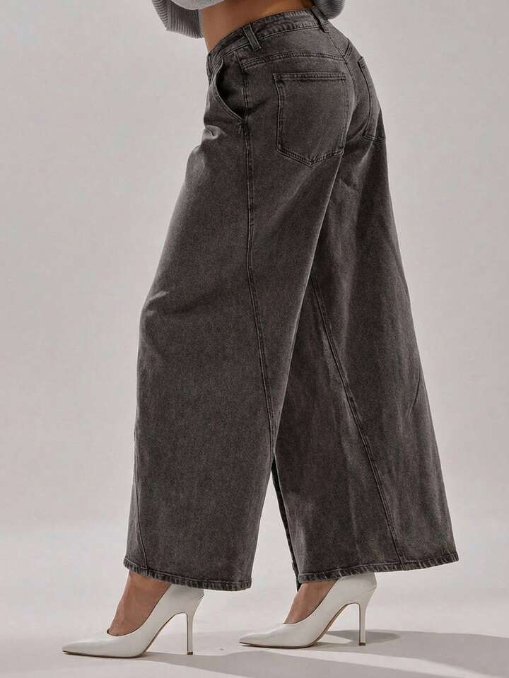 CM-BS191332 Women Casual Seoul Style Mid Waist 2 In 1 Loose Straight Leg Jeans - Dark Gray