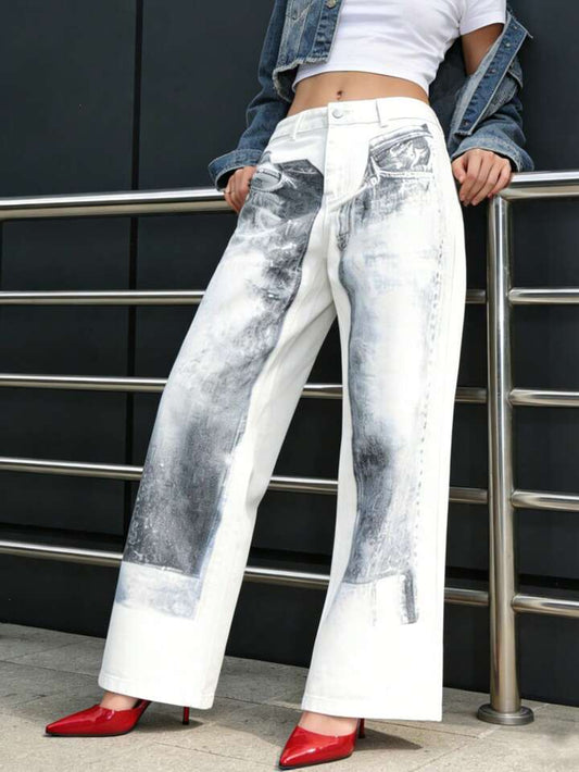 CM-BS492825 Women Elegant Seoul Style Low Waist Printed Washed Loose Wide Leg Jeans - White