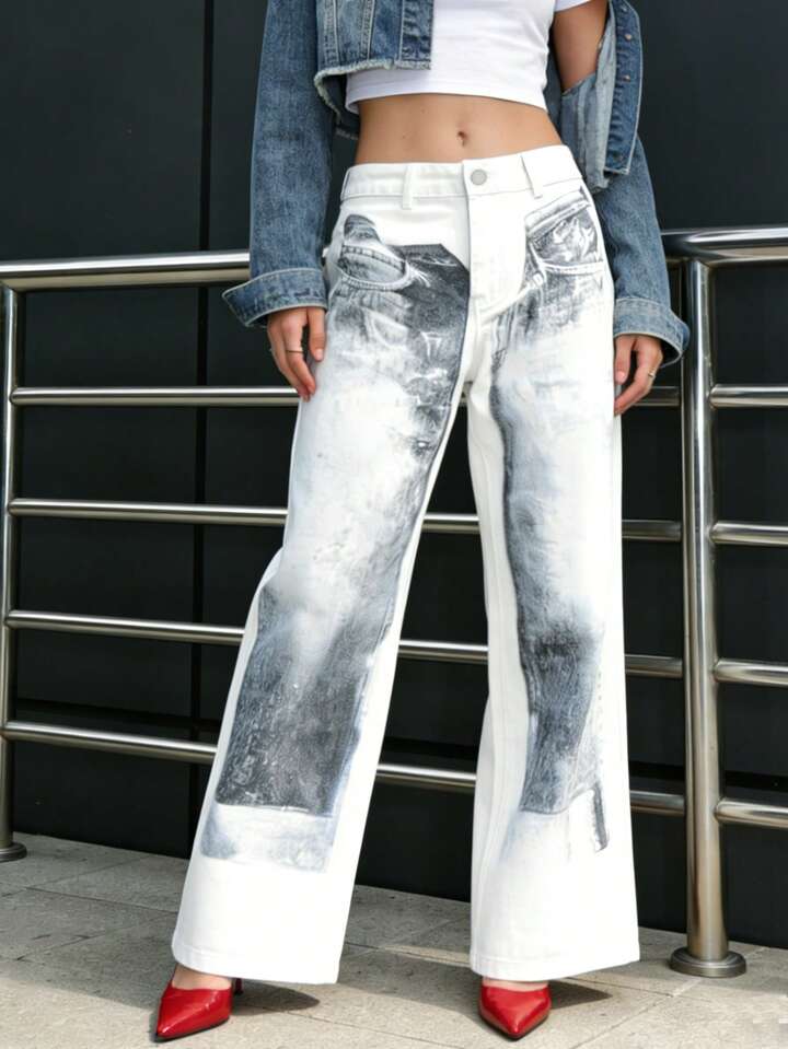CM-BS492825 Women Elegant Seoul Style Low Waist Printed Washed Loose Wide Leg Jeans - White