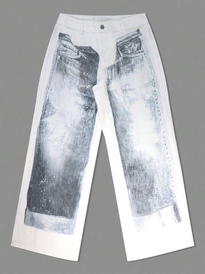 CM-BS492825 Women Elegant Seoul Style Low Waist Printed Washed Loose Wide Leg Jeans - White