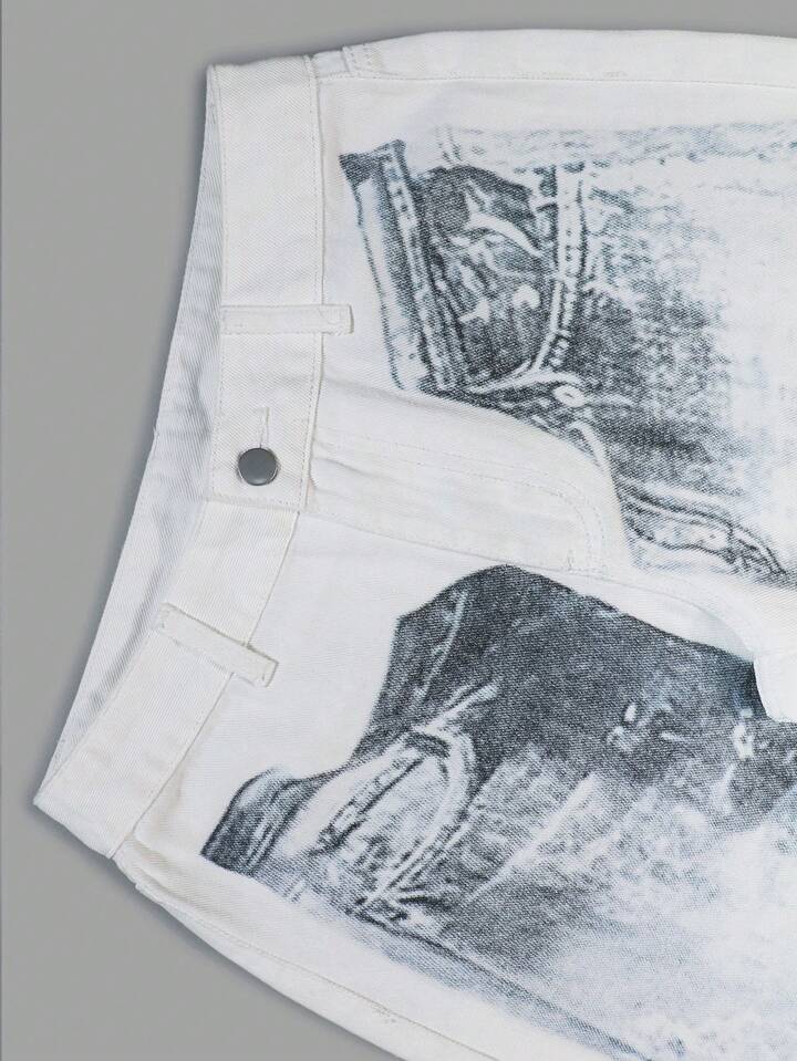 CM-BS492825 Women Elegant Seoul Style Low Waist Printed Washed Loose Wide Leg Jeans - White