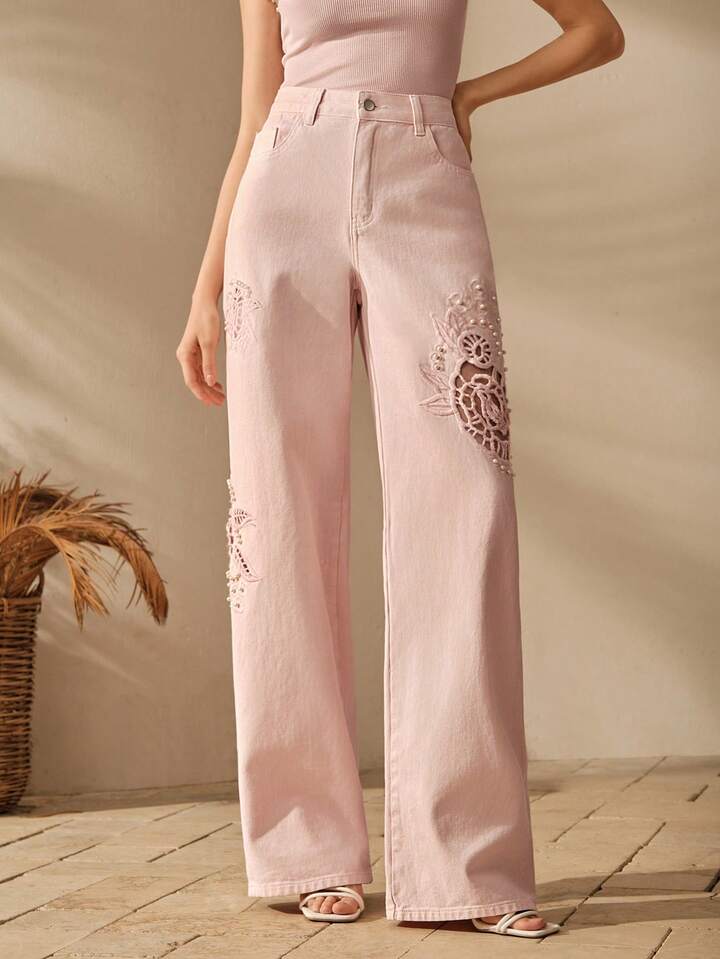 CM-BS636951 Women Elegant Seoul Style Floral Embroidery Hollow Out Straight Leg Jeans - Pink