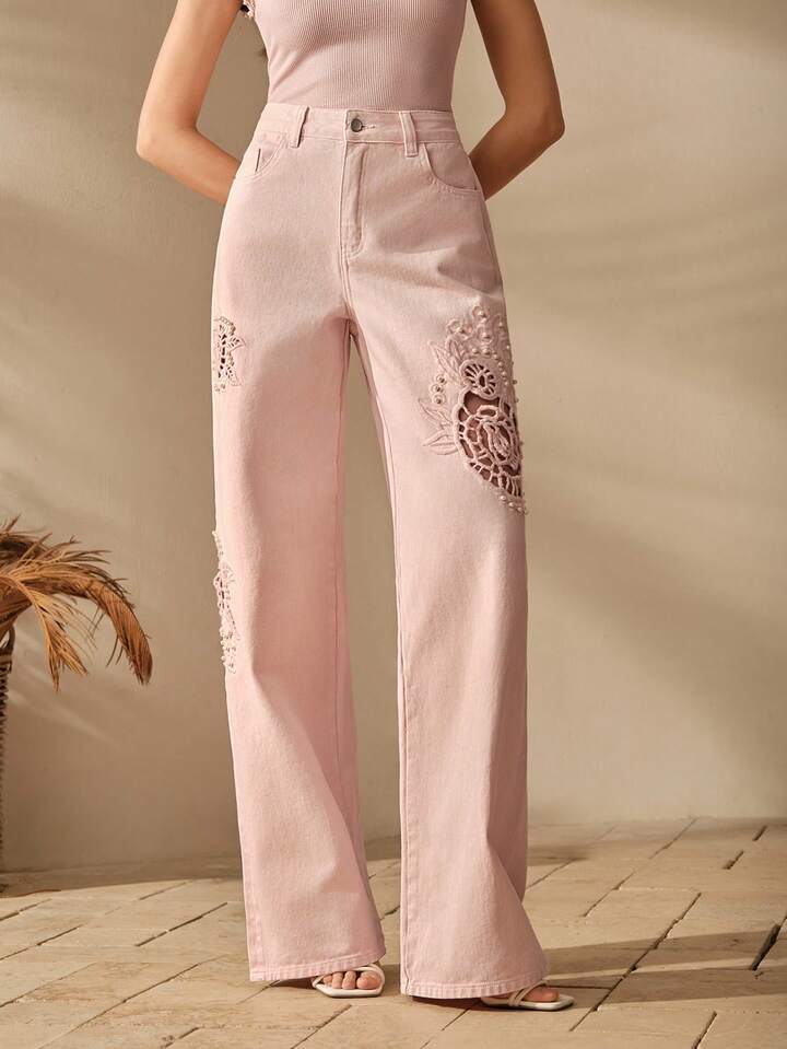 CM-BS636951 Women Elegant Seoul Style Floral Embroidery Hollow Out Straight Leg Jeans - Pink