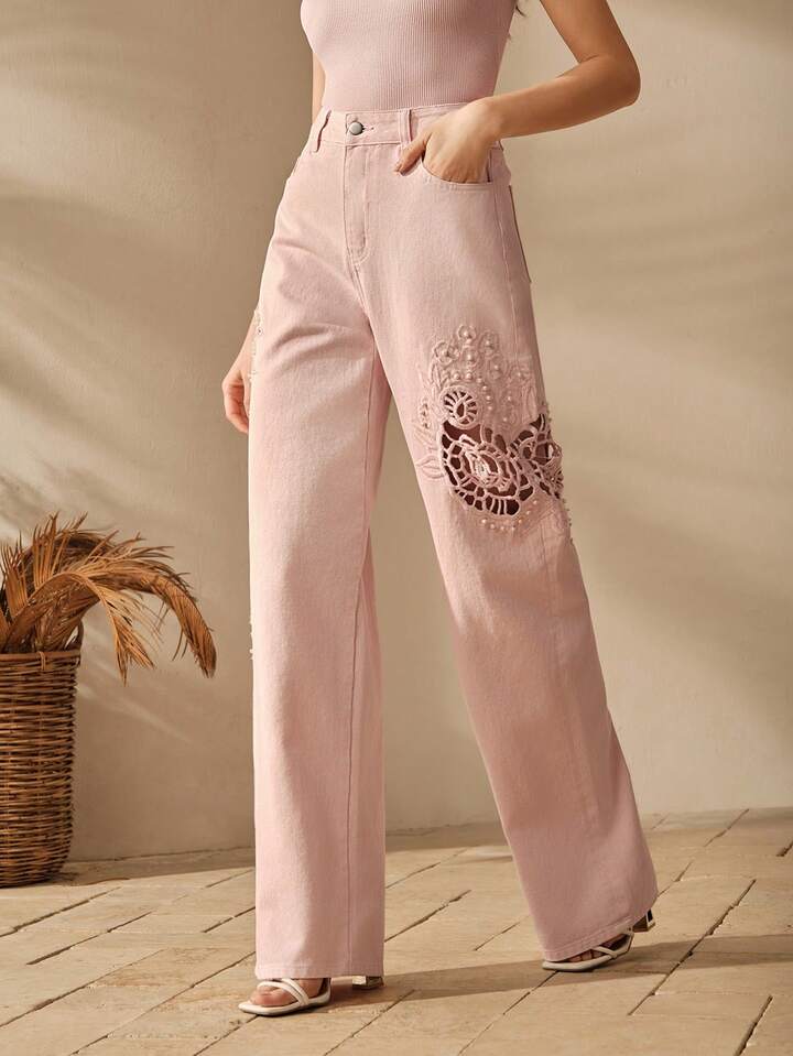 CM-BS636951 Women Elegant Seoul Style Floral Embroidery Hollow Out Straight Leg Jeans - Pink