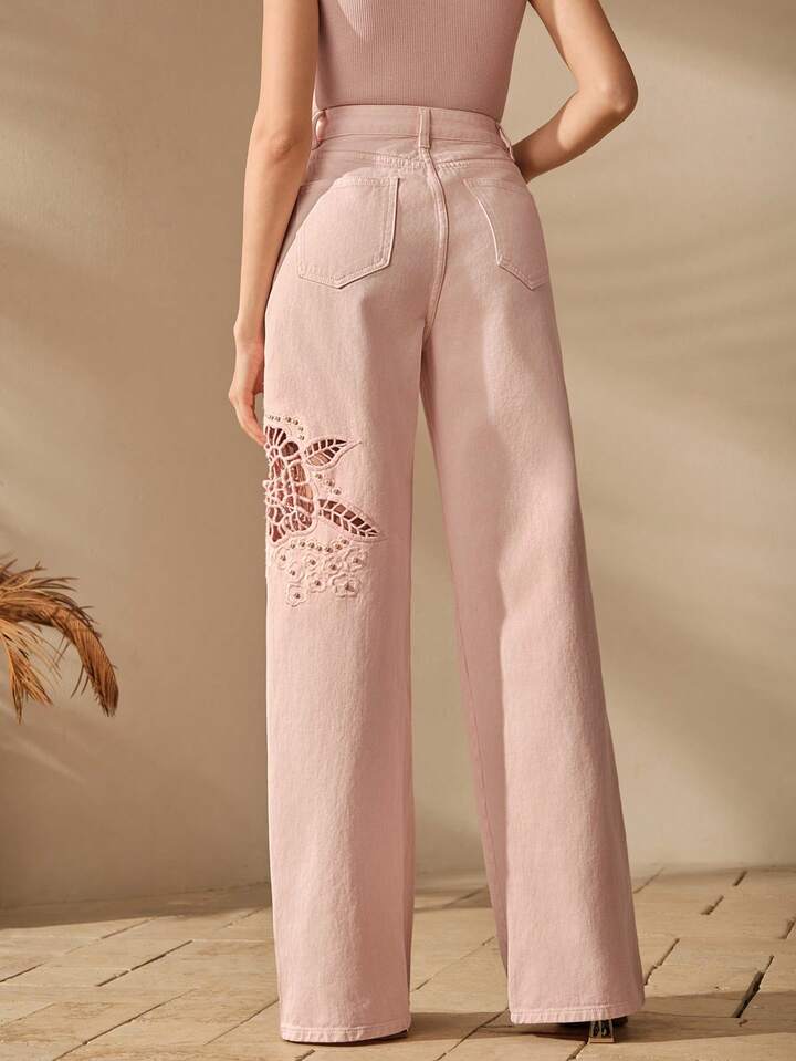 CM-BS636951 Women Elegant Seoul Style Floral Embroidery Hollow Out Straight Leg Jeans - Pink