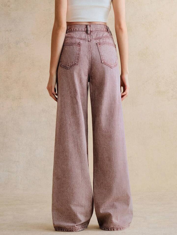 CM-BS544633 Women Elegant Seoul Style High Waist Embroidered Hollow Out Loose Straight Leg Wide Leg Jeans - Dusty Pink