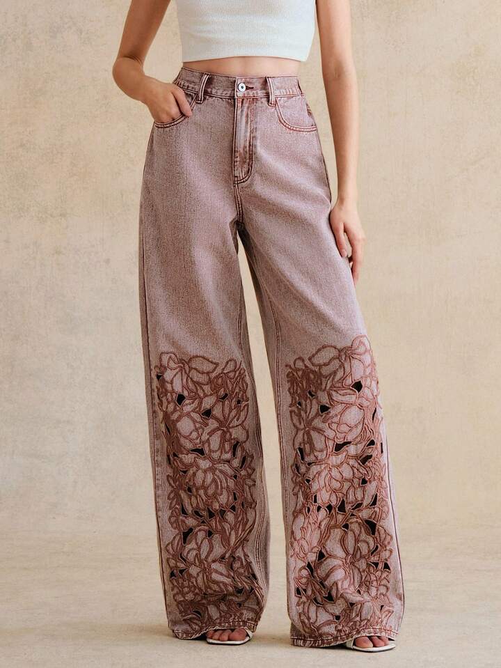 CM-BS544633 Women Elegant Seoul Style High Waist Embroidered Hollow Out Loose Straight Leg Wide Leg Jeans - Dusty Pink
