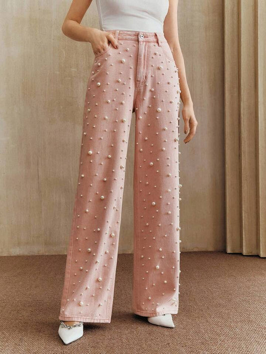 CM-BS456626 Women Elegant Seoul Style High Waist Beaded Straight Loose Wide Leg Jeans - Baby Pink
