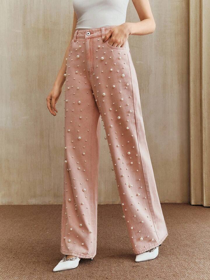 CM-BS456626 Women Elegant Seoul Style High Waist Beaded Straight Loose Wide Leg Jeans - Baby Pink