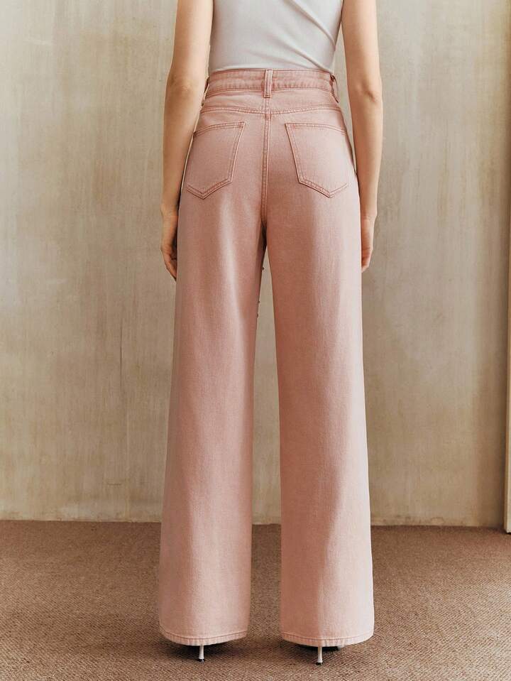 CM-BS456626 Women Elegant Seoul Style High Waist Beaded Straight Loose Wide Leg Jeans - Baby Pink