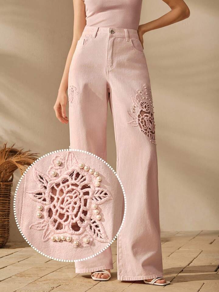 CM-BS636951 Women Elegant Seoul Style Floral Embroidery Hollow Out Straight Leg Jeans - Pink