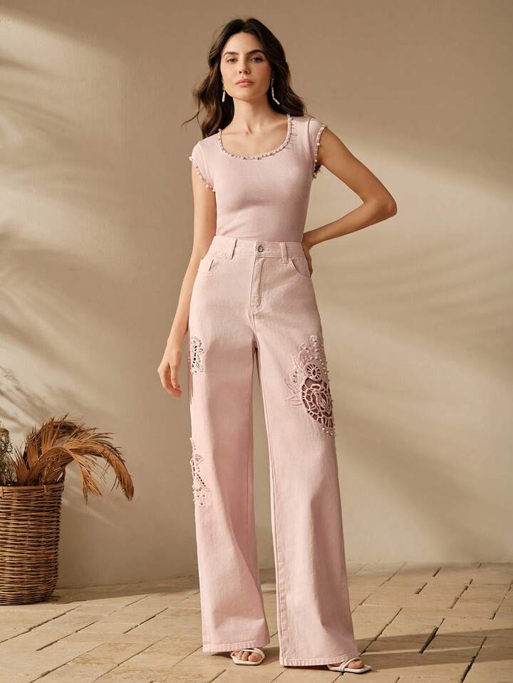 CM-BS636951 Women Elegant Seoul Style Floral Embroidery Hollow Out Straight Leg Jeans - Pink