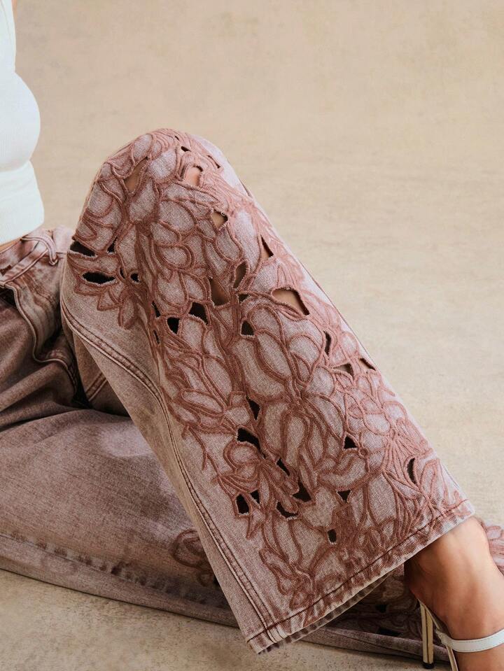 CM-BS544633 Women Elegant Seoul Style High Waist Embroidered Hollow Out Loose Straight Leg Wide Leg Jeans - Dusty Pink