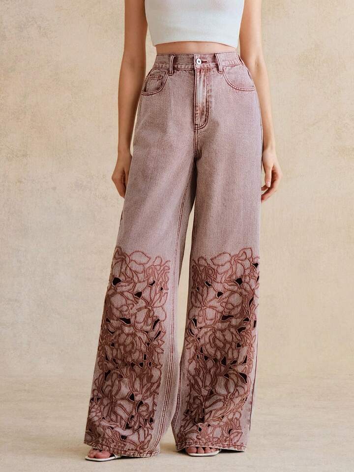 CM-BS544633 Women Elegant Seoul Style High Waist Embroidered Hollow Out Loose Straight Leg Wide Leg Jeans - Dusty Pink