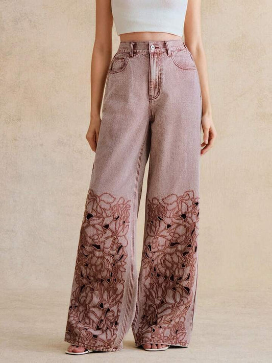 CM-BS544633 Women Elegant Seoul Style High Waist Embroidered Hollow Out Loose Straight Leg Wide Leg Jeans - Dusty Pink