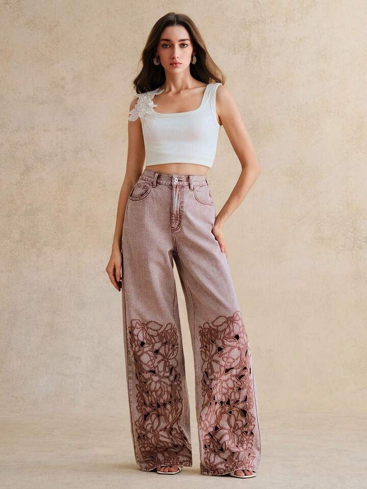 CM-BS544633 Women Elegant Seoul Style High Waist Embroidered Hollow Out Loose Straight Leg Wide Leg Jeans - Dusty Pink