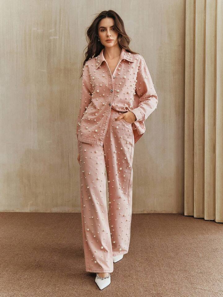 CM-BS456626 Women Elegant Seoul Style High Waist Beaded Straight Loose Wide Leg Jeans - Baby Pink