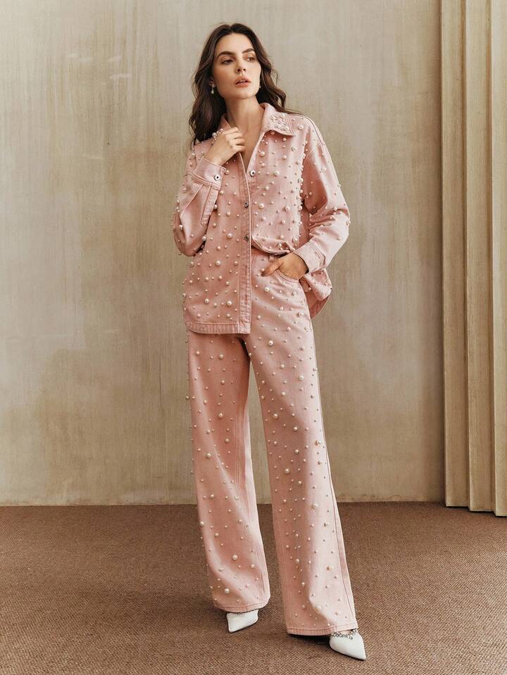 CM-BS456626 Women Elegant Seoul Style High Waist Beaded Straight Loose Wide Leg Jeans - Baby Pink