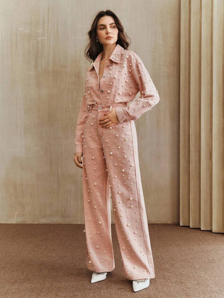 CM-BS456626 Women Elegant Seoul Style High Waist Beaded Straight Loose Wide Leg Jeans - Baby Pink