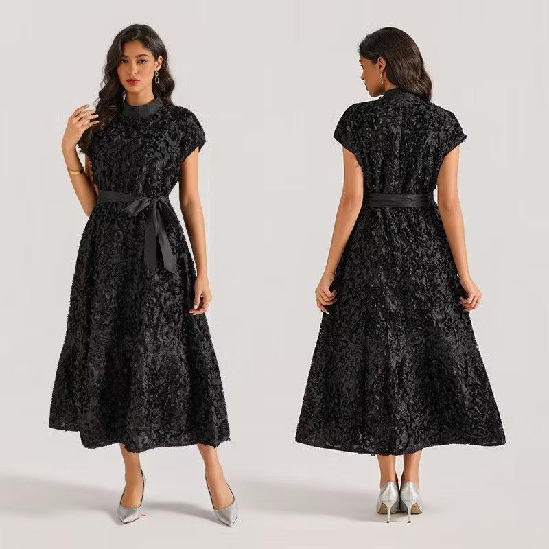 CM-DY064875 Women Elegant European Style Floral Stand Collar Sleeveless Belted Long Dress (Available in 4 colors)