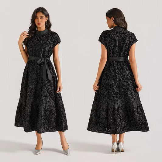 CM-DY064875 Women Elegant European Style Floral Stand Collar Sleeveless Belted Long Dress (Available in 4 colors)