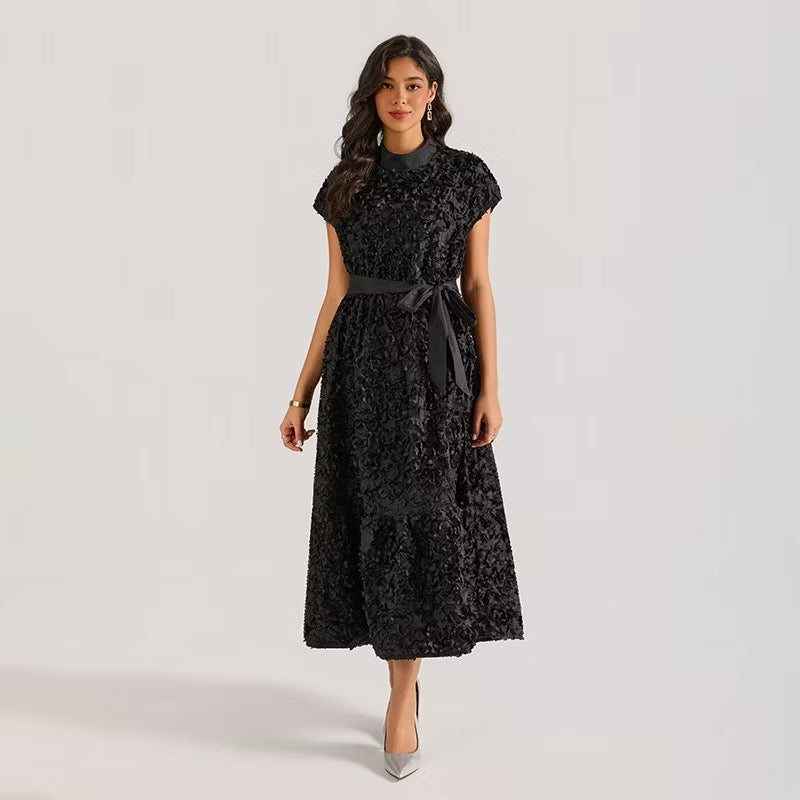 CM-DY064875 Women Elegant European Style Floral Stand Collar Sleeveless Belted Long Dress (Available in 4 colors)