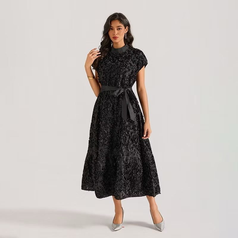 CM-DY064875 Women Elegant European Style Floral Stand Collar Sleeveless Belted Long Dress (Available in 4 colors)