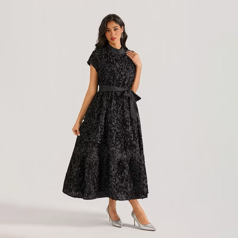 CM-DY064875 Women Elegant European Style Floral Stand Collar Sleeveless Belted Long Dress (Available in 4 colors)