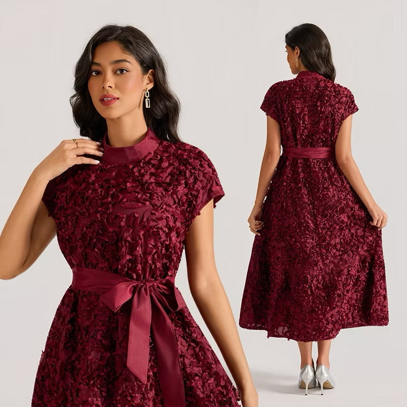 CM-DY064875 Women Elegant European Style Floral Stand Collar Sleeveless Belted Long Dress (Available in 4 colors)