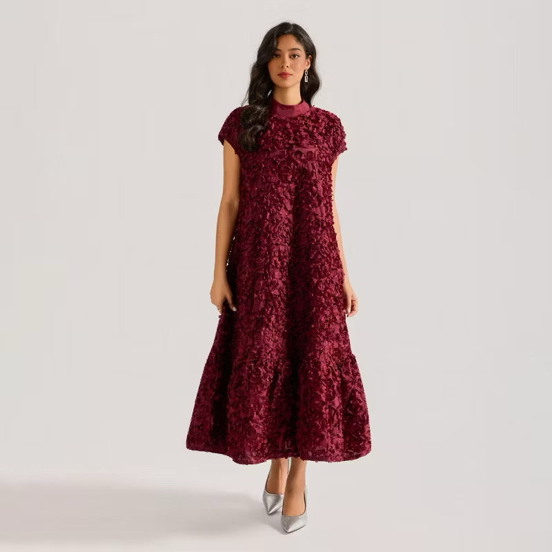 CM-DY064875 Women Elegant European Style Floral Stand Collar Sleeveless Belted Long Dress (Available in 4 colors)