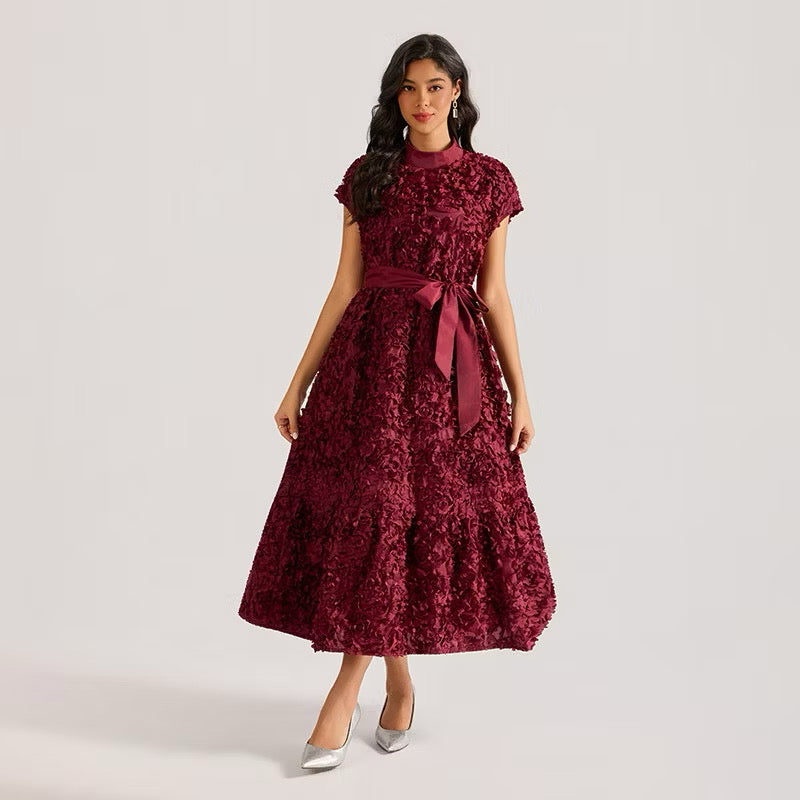 CM-DY064875 Women Elegant European Style Floral Stand Collar Sleeveless Belted Long Dress (Available in 4 colors)