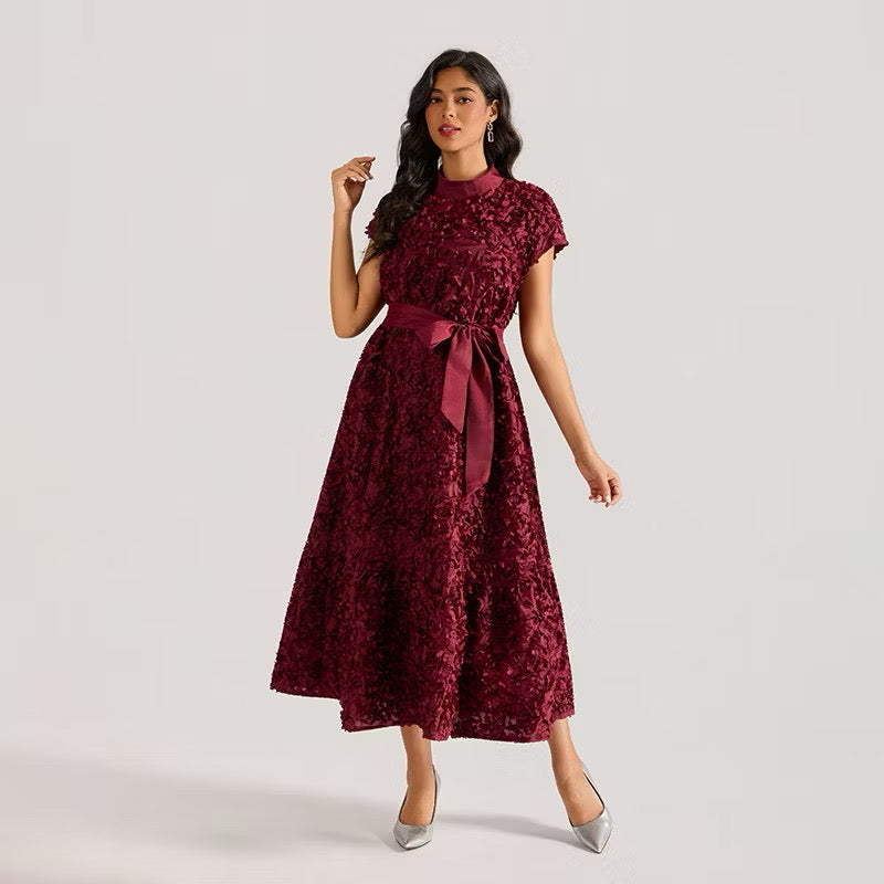 CM-DY064875 Women Elegant European Style Floral Stand Collar Sleeveless Belted Long Dress (Available in 4 colors)