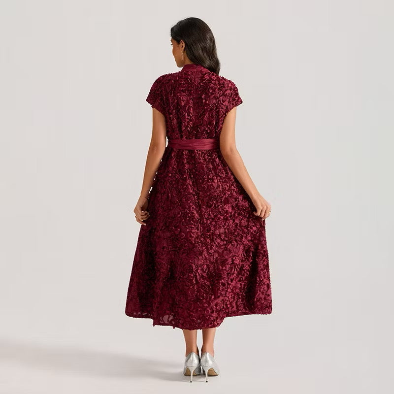 CM-DY064875 Women Elegant European Style Floral Stand Collar Sleeveless Belted Long Dress (Available in 4 colors)