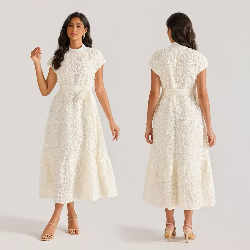 CM-DY064875 Women Elegant European Style Floral Stand Collar Sleeveless Belted Long Dress (Available in 4 colors)