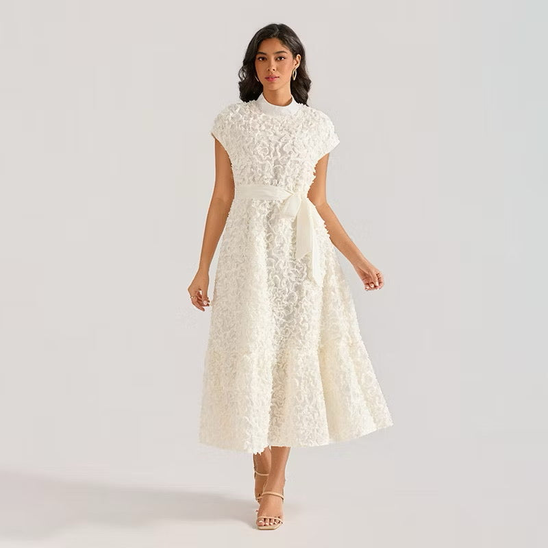 CM-DY064875 Women Elegant European Style Floral Stand Collar Sleeveless Belted Long Dress (Available in 4 colors)