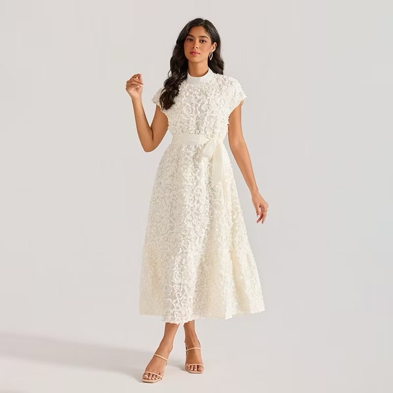CM-DY064875 Women Elegant European Style Floral Stand Collar Sleeveless Belted Long Dress (Available in 4 colors)