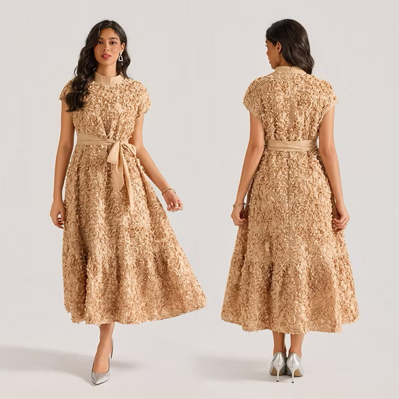 CM-DY064875 Women Elegant European Style Floral Stand Collar Sleeveless Belted Long Dress (Available in 4 colors)