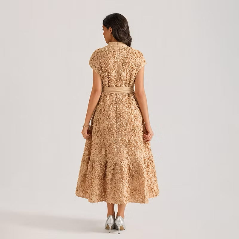 CM-DY064875 Women Elegant European Style Floral Stand Collar Sleeveless Belted Long Dress (Available in 4 colors)