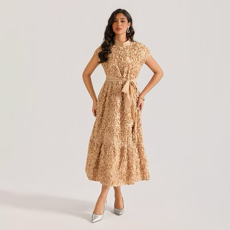 CM-DY064875 Women Elegant European Style Floral Stand Collar Sleeveless Belted Long Dress (Available in 4 colors)