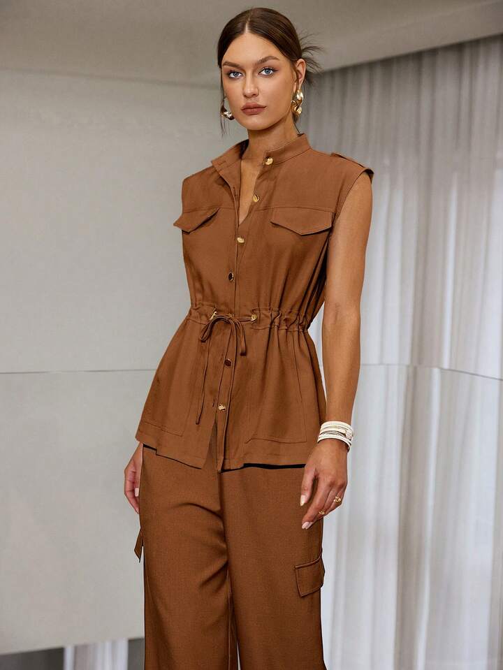 CM-SS271465 Women Elegant Seoul Style Solid Color Front Button Drawstring Sleeveless Top With Jogger Pants - Set