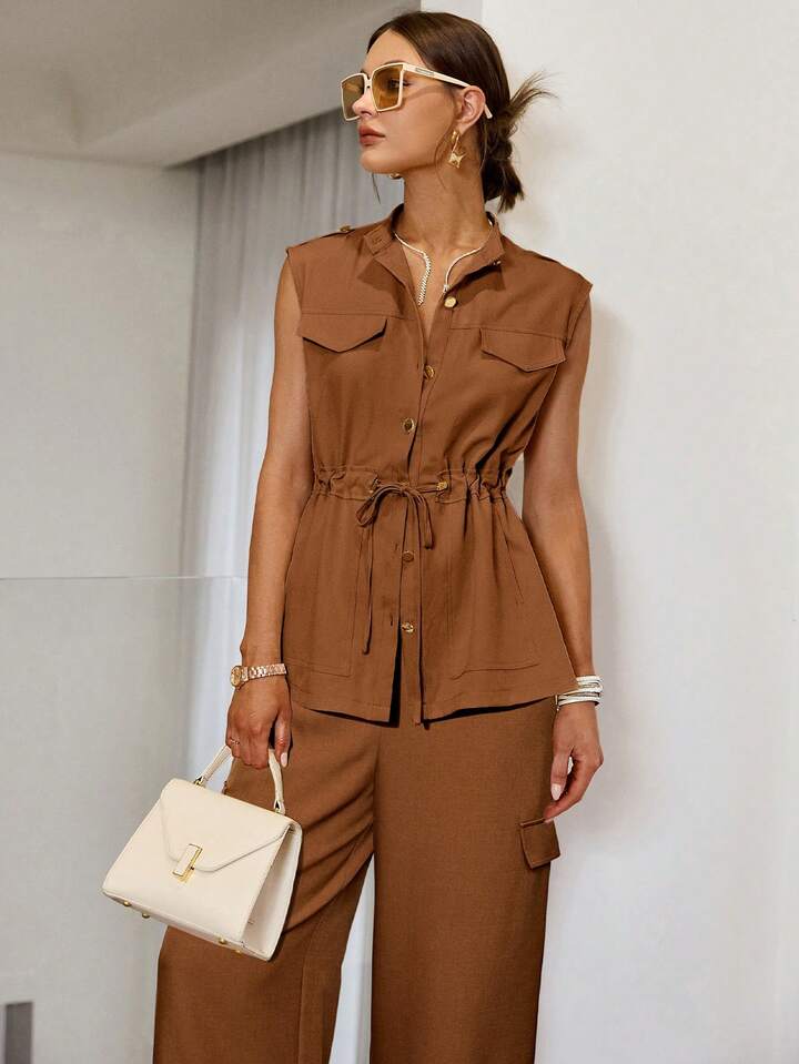 CM-SS271465 Women Elegant Seoul Style Solid Color Front Button Drawstring Sleeveless Top With Jogger Pants - Set