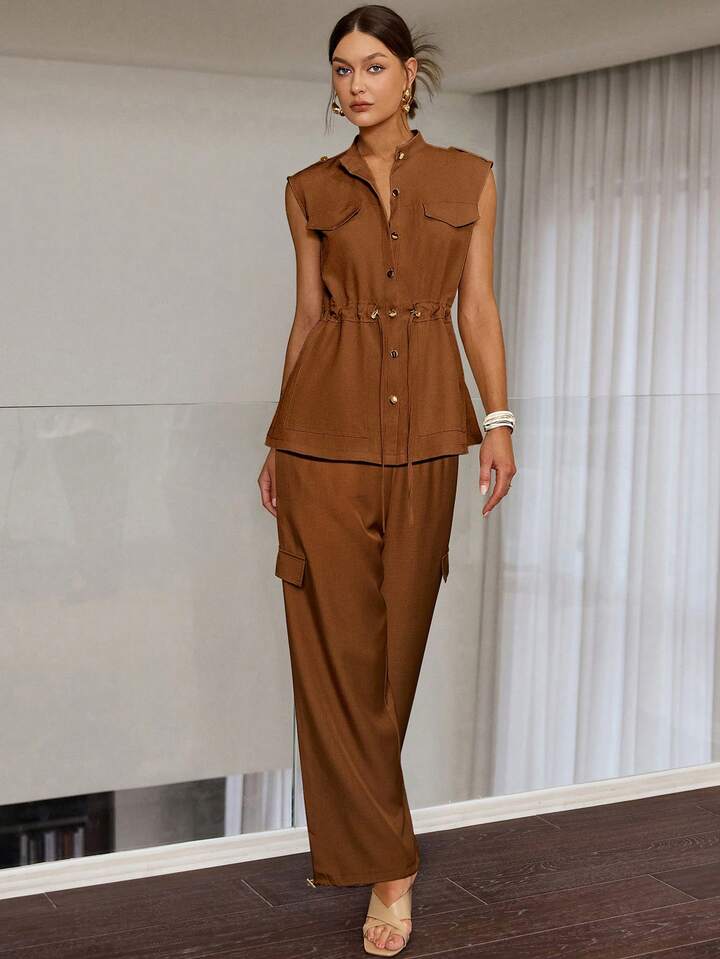 CM-SS271465 Women Elegant Seoul Style Solid Color Front Button Drawstring Sleeveless Top With Jogger Pants - Set