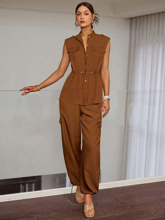 CM-SS271465 Women Elegant Seoul Style Solid Color Front Button Drawstring Sleeveless Top With Jogger Pants - Set