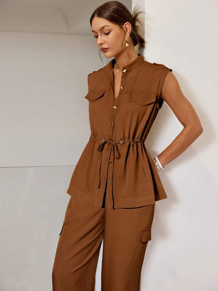 CM-SS271465 Women Elegant Seoul Style Solid Color Front Button Drawstring Sleeveless Top With Jogger Pants - Set