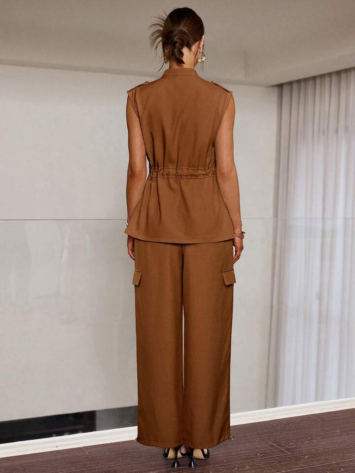 CM-SS271465 Women Elegant Seoul Style Solid Color Front Button Drawstring Sleeveless Top With Jogger Pants - Set