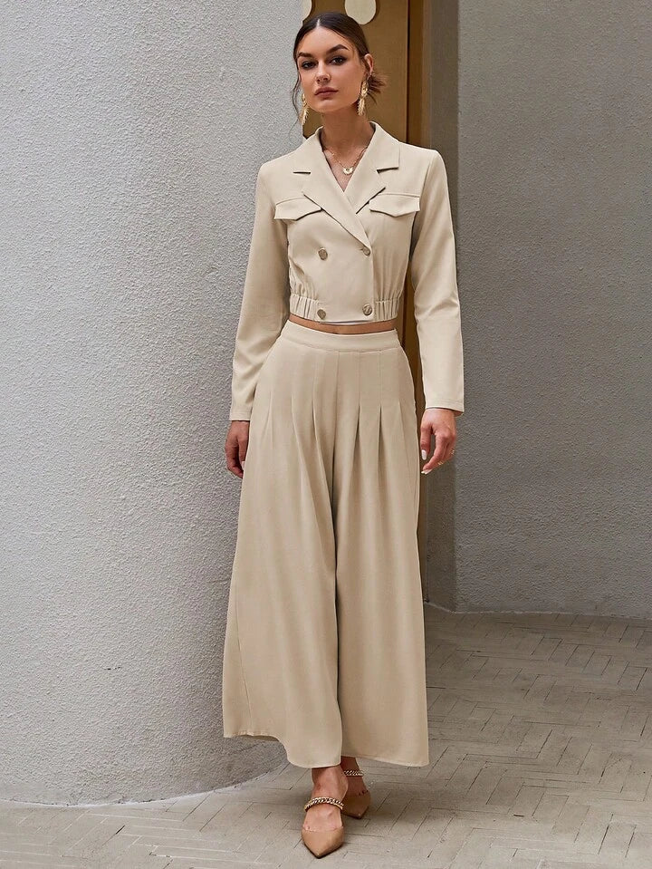 CM-SS506478 Women Elegant Seoul Style Solid Color Double-Breasted Cropped Jacket With Wide-Leg Pants - Set