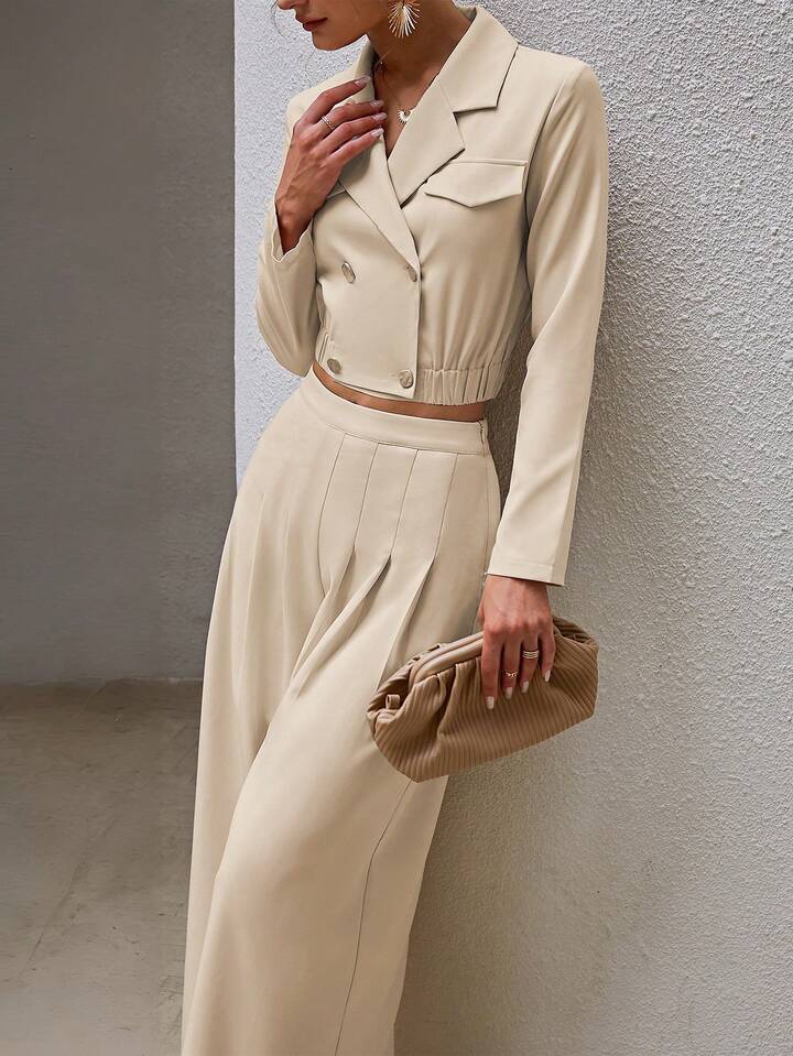 CM-SS506478 Women Elegant Seoul Style Solid Color Double-Breasted Cropped Jacket With Wide-Leg Pants - Set